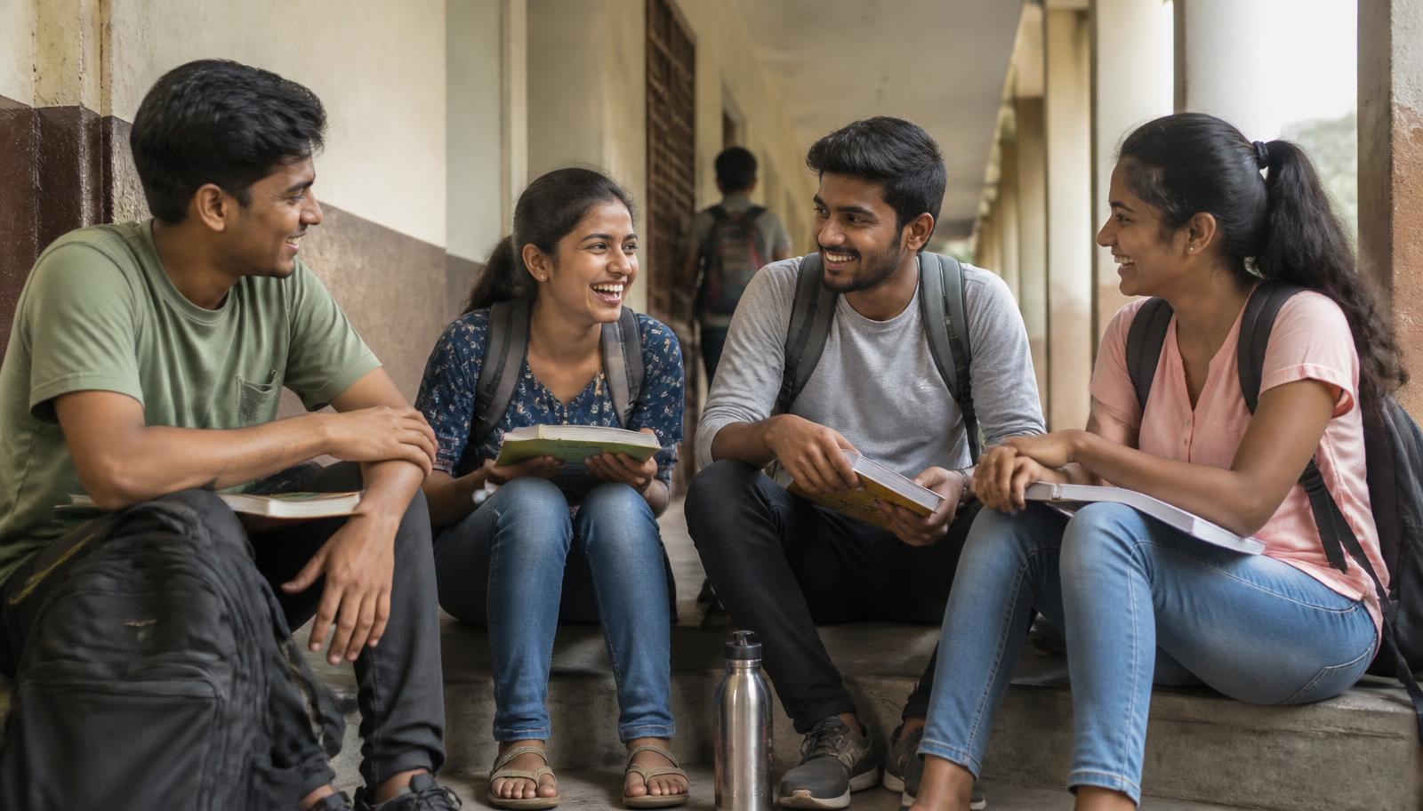 A group of students sitting together on college steps with their books